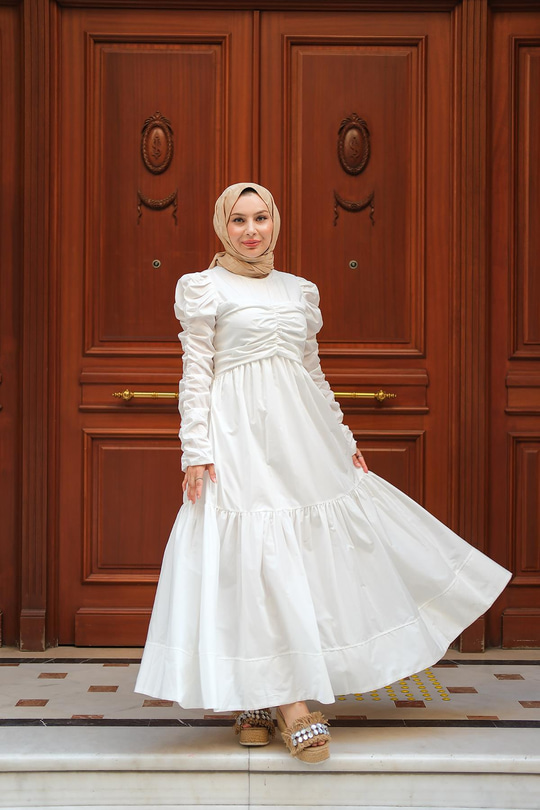Büzgülü Poplin Elbise Beyaz