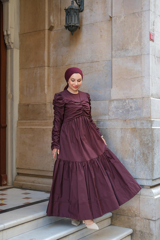 Büzgülü Poplin Elbise Bordo