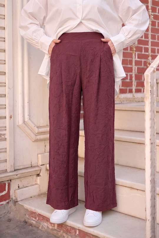 Bel Lastikli Kırışık Detay Pantolon Bordo