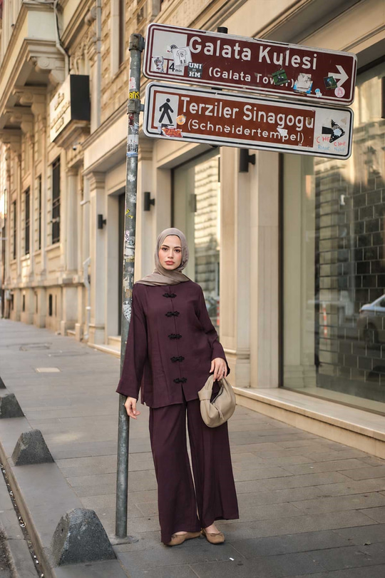 Çin Düğme Detay Bel Lastikli İkili Takım Mürdüm