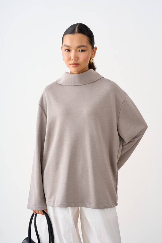 Yaka Çıtçıt Detay Üç İplik Sweatshirt Açık Gri