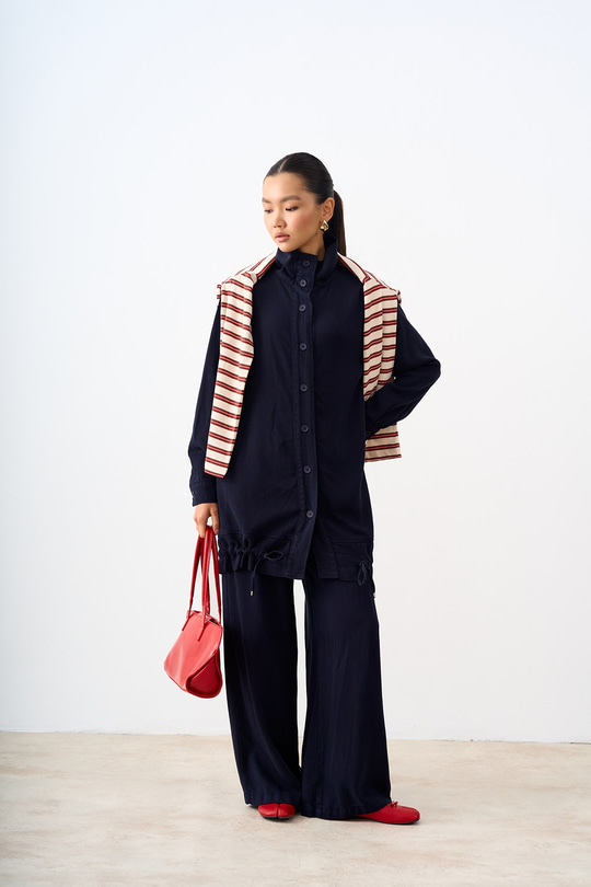 Gömlek Yaka Boydan Düğmeli Kot Takım Lacivert