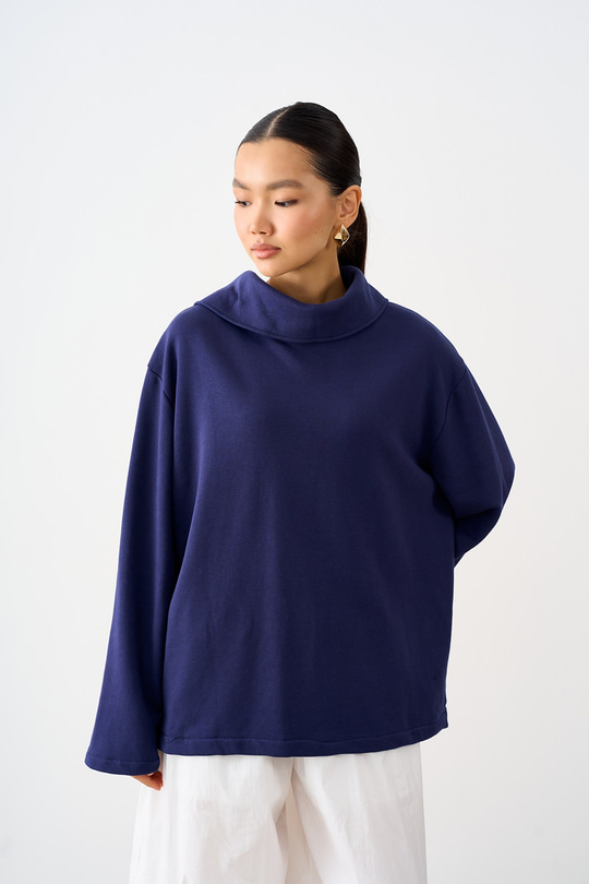 Yaka Çıtçıt Detay Üç İplik Sweatshirt Lacivert