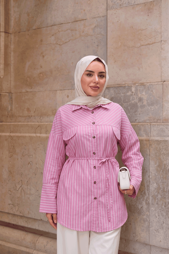 Çizgili Bel Bağlamalı Gömlek Pembe