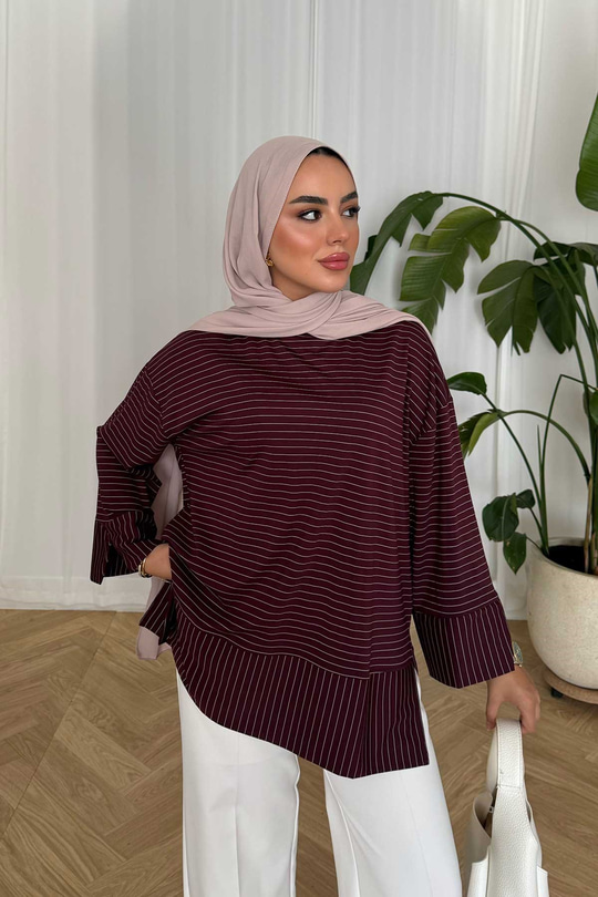 Yırtmaç Detay Çizgili Sweatshirt Bordo