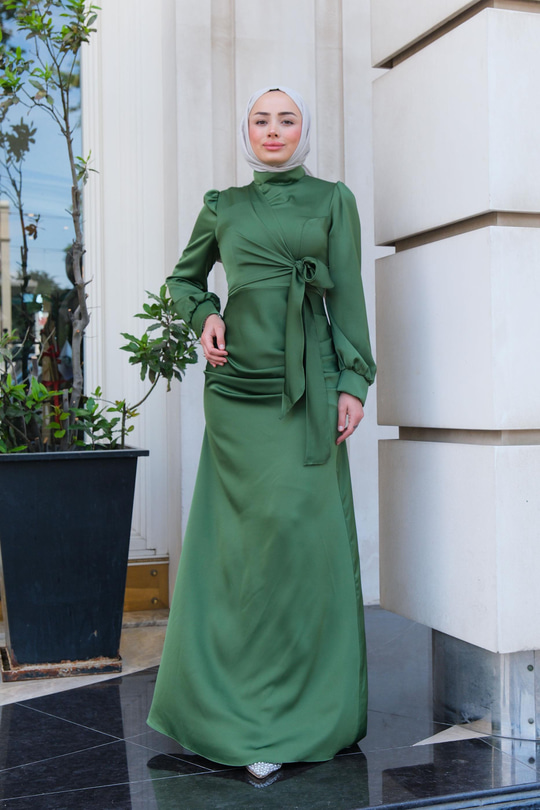 Çapraz Bağlama Detay Abiye Yağ Yeşil