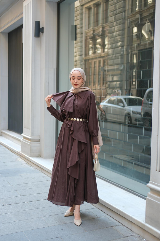 Çapraz Volanlı Vual Elbise Kahverengi