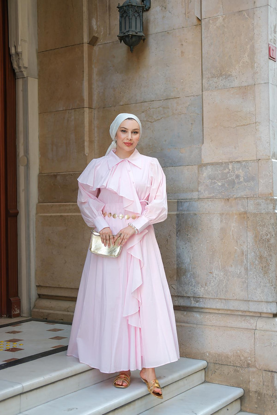 Çapraz Volanlı Vual Elbise Pembe