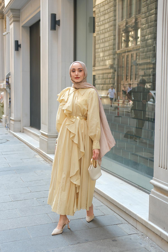 Çapraz Volanlı Vual Elbise Sarı