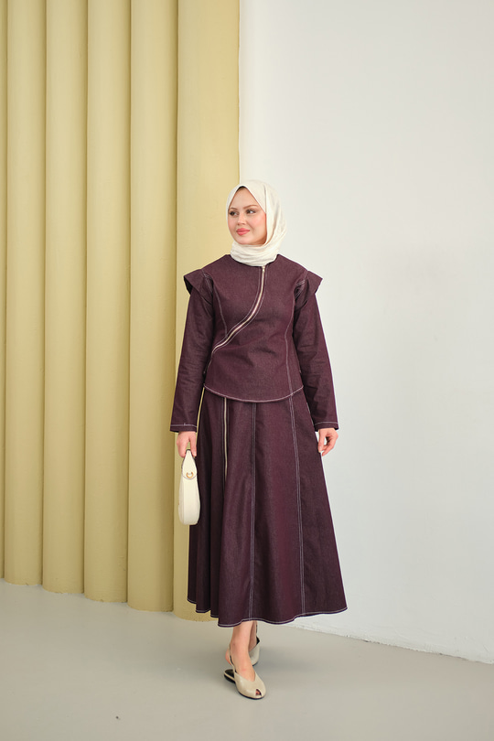 Çarpraz Fermuar Detaylı Dikiş Detay Etekli Takım Mor