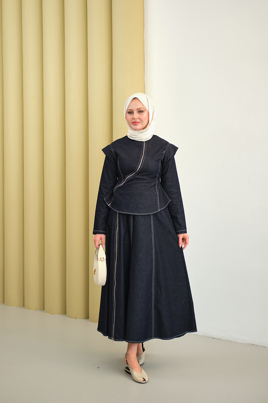 Çapraz Fermuar Detaylı Dikiş Detay Etekli Takım Lacivert