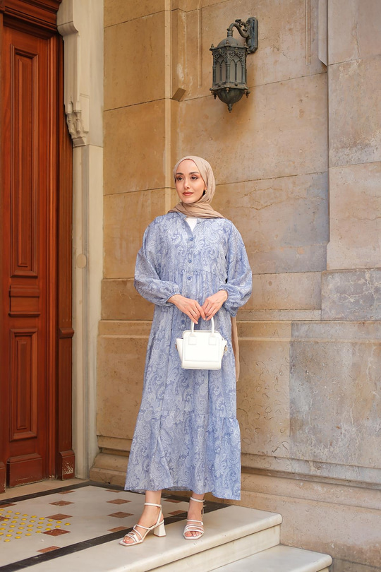 Cassime Desenli Elbise Mavi