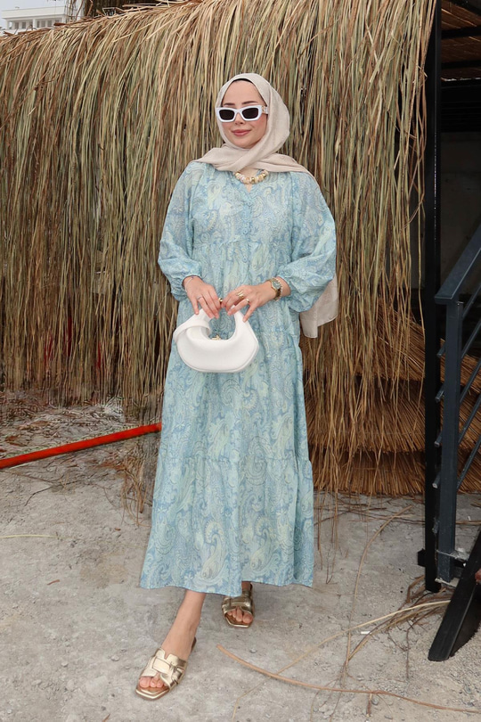 Cassime Desenli Elbise Turkuaz