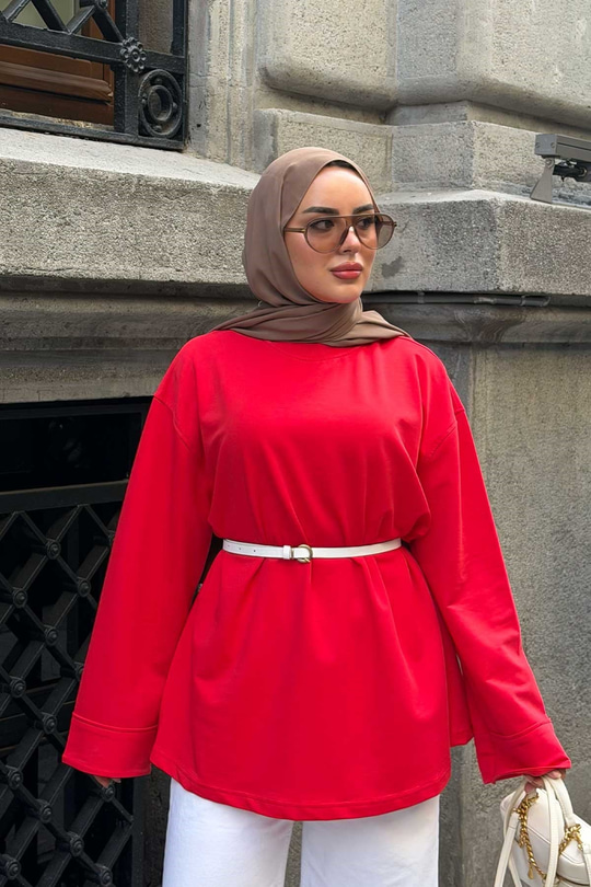 Dikiş Detaylı Basıc Sweat Kırmızı