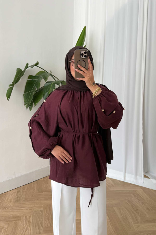 Kolları Düğme Detay Balon Kol Bel Bağlamalı Tunik Mürdüm