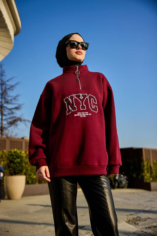 NYC Baskılı Yarım Fermuarlı Sweat Bordo