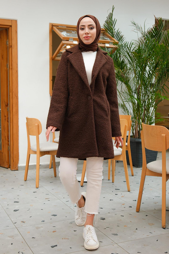 Ceket Yaka Yanlardan Cepli Buklet Kaban Acı Kahve