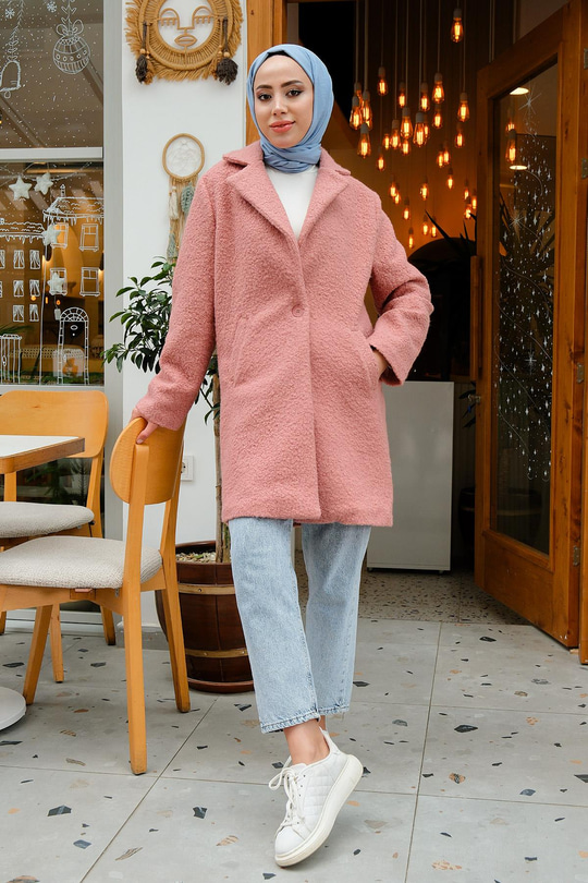 Ceket Yaka Yanlardan Cepli Buklet Kaban  Gül Kurusu