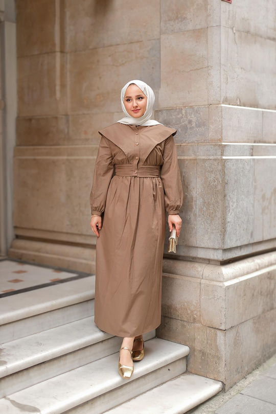 Ceketli Poplin Elbise Kahverengi