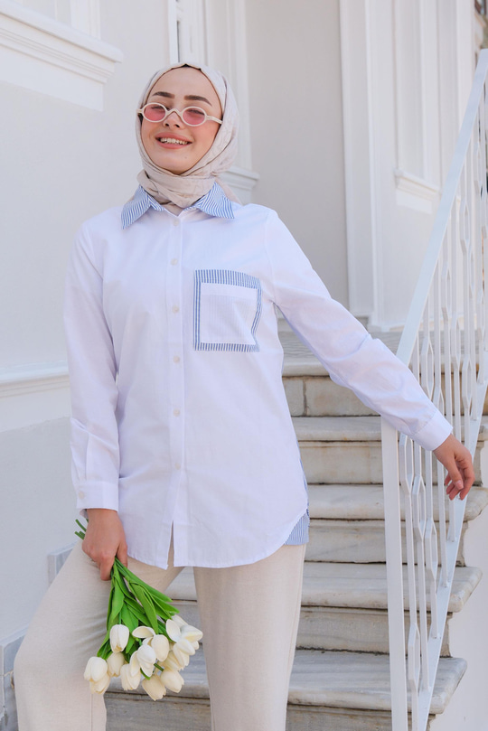 Cep Çizgi Detay Gömlek Beyaz