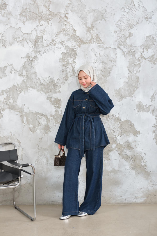 Cep Detay Bel Bağlamalı Kot Takım Lacivert