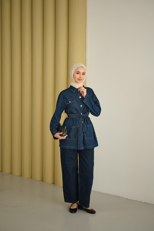 Cep Detay Bel Bağlamalı Kot Takım Lacivert