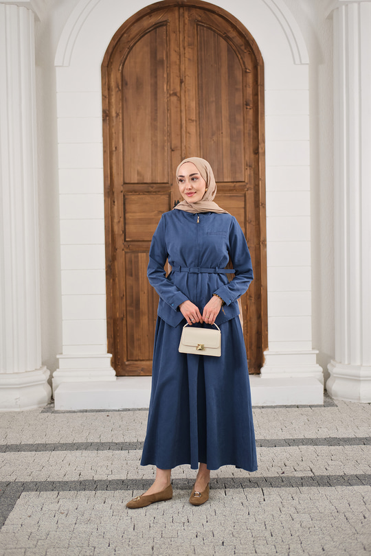 Cep Detay Fermuarlı Kemer Bağlamalı Etekli Takım İndigo Mavi