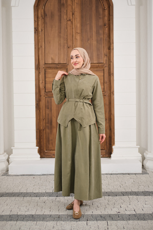 Cep Detay Fermuarlı Kemer Bağlamalı Etekli Takım Küf Yeşil