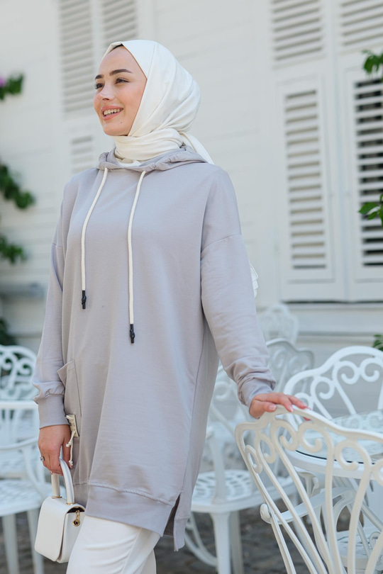 Cep Detay Kapüşonlu Tunik Gri