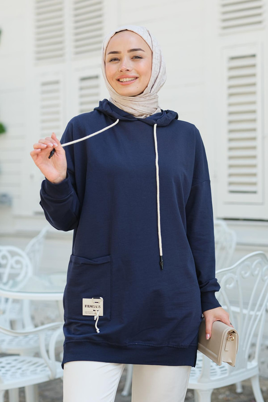 Cep Detay Kapüşonlu Tunik Lacivert