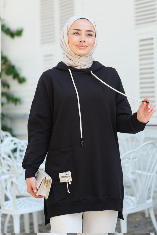 Cep Detay Kapüşonlu Tunik Siyah