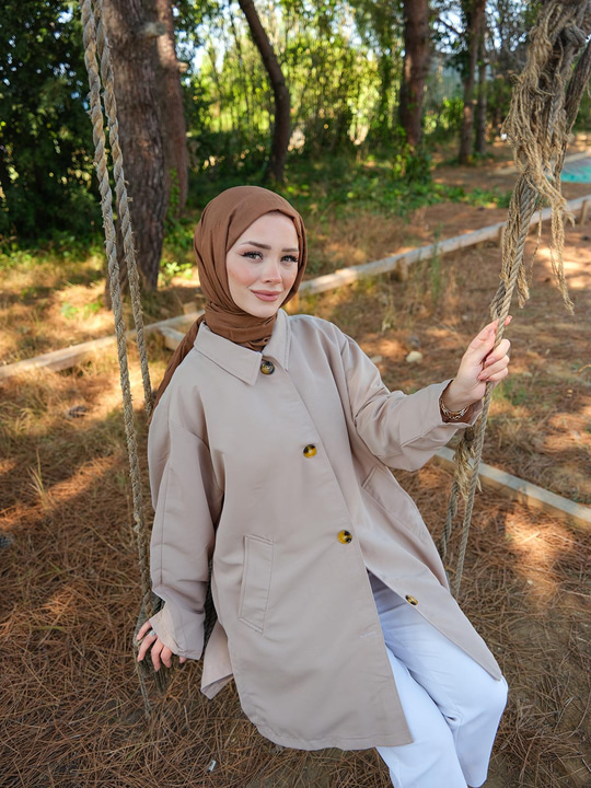 Cep Detay Pelerinli Ceket Taş