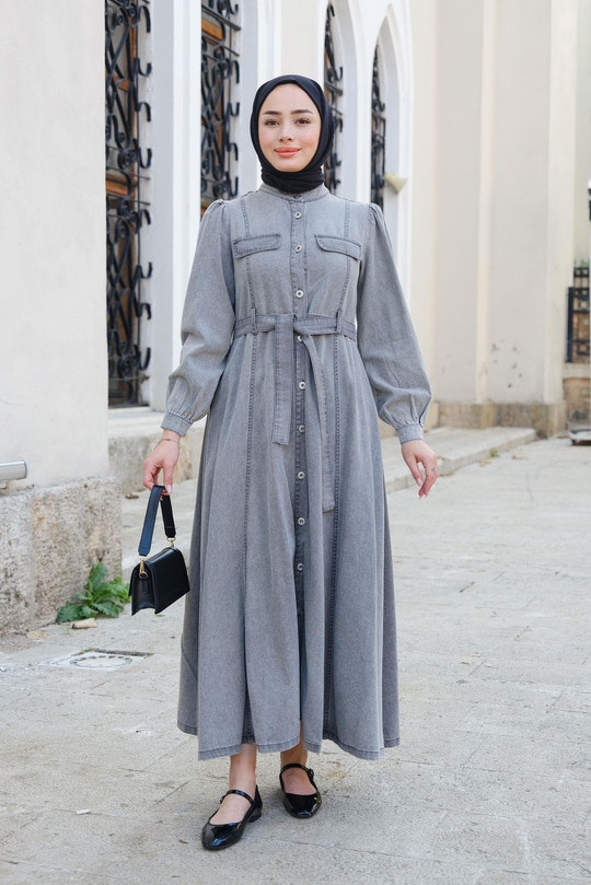 Cep Detaylı Elbise Gri