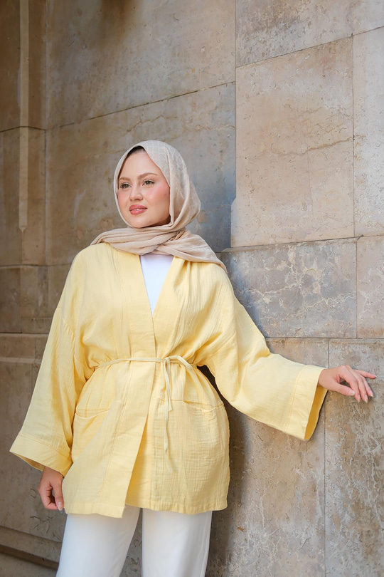 Cep Detaylı Keten Kimono Sarı