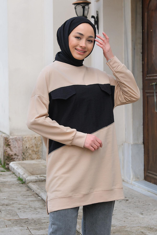 Cep Kapaklı Garnili Tunik  Krem