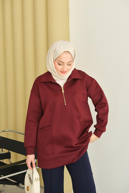 Cep Ve Yaka Detay Yarım Fermuarlı Sweat Bordo