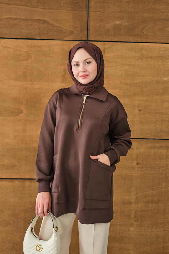 Cep Ve Yaka Detay Yarım Fermuarlı Sweat Kahverengi