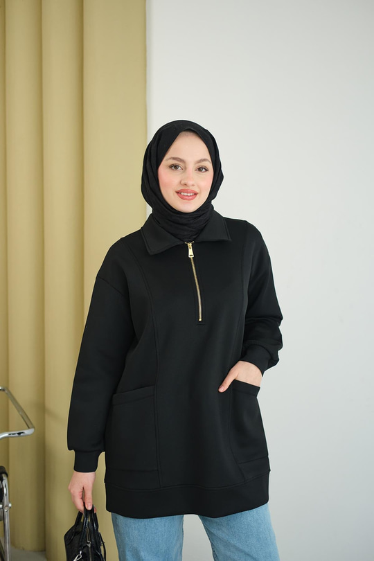 Cep Ve Yaka Detay Yarım Fermuarlı Sweat Siyah