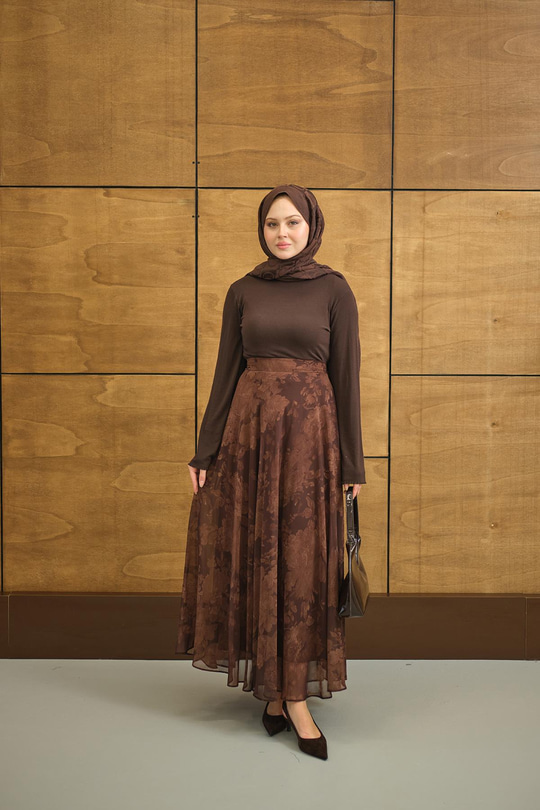 Çiçek Desen Astarlı Şifon Etek Kahverengi