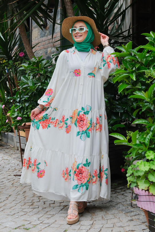 Çiçek Desen Elbise Krem-Fuşya