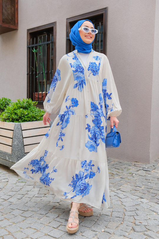 Çiçek Desen Elbise Krem-Mavi