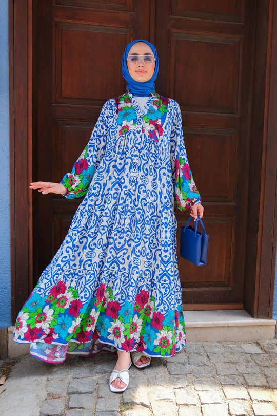 Çiçek Desen Elbise Mavi