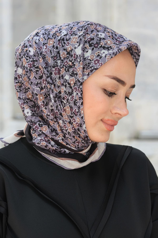 Çicek Desen Soft Eşarp Antrasit