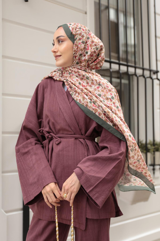 Çicek Desen Soft Şal Haki Yeşil