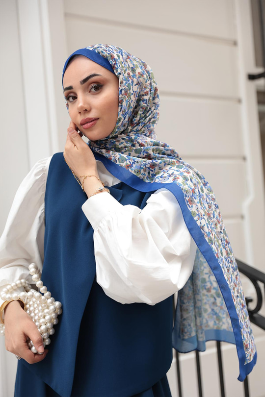 Çicek Desen Soft Şal Saks Mavi