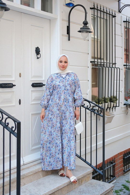 Çiçek Desenli Elbise Mavi