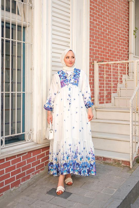 Çicek Desenli Elbise Mavi