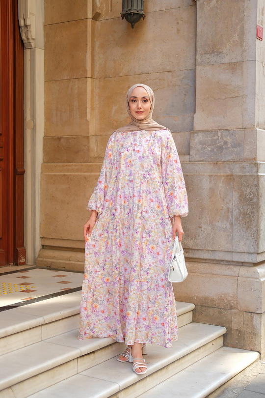 Çicek Desenli Elbise Mor