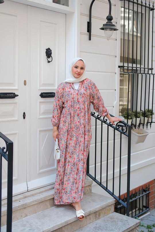 Çiçek Desenli Elbise Somon