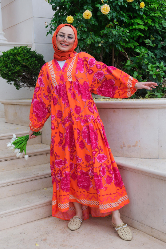 Çiçek Desenli Elbise Turuncu